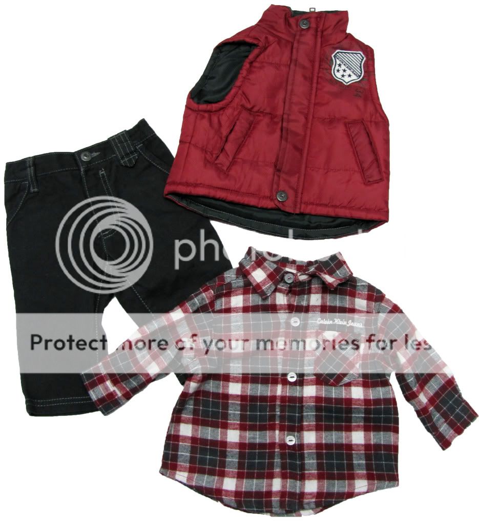 CALVIN KLEIN Baby Plaid Flannel Shirt, Red Puff Vest & Dark Gray Jeans 