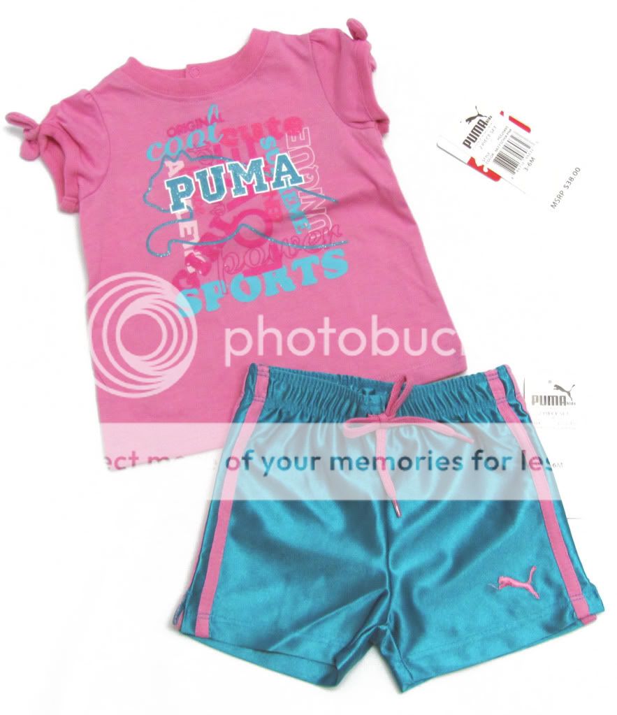 Puma Baby Girls Pink Tee Shirt Blue Gym Shorts Set